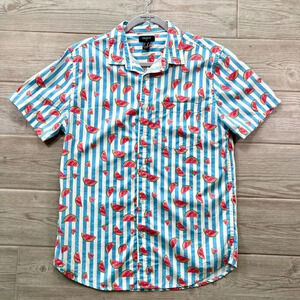 Fun Blue Striped Watermelon Print Casual Button Down Shirt Short‎ Sleeves Size M